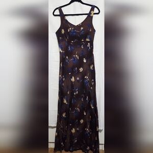 Alyn Paige brand, Vintage, Dark brown sleeveless maxi dress with a blue floral.
